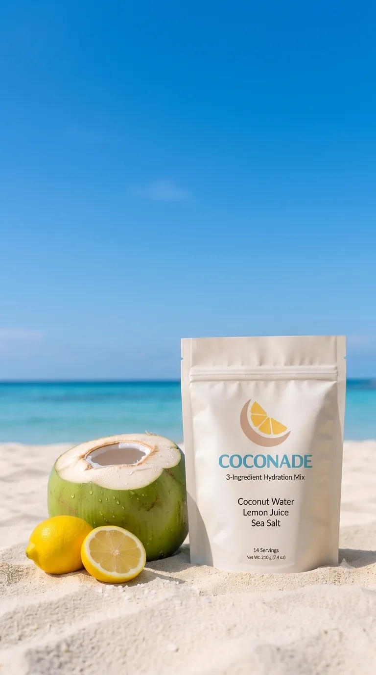 Coconade 14-serving pouch on the beach with a coconut and lemons